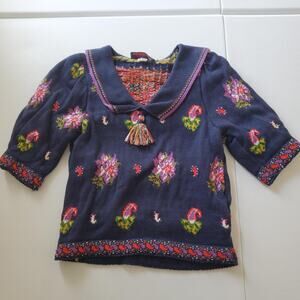 Vintage Cullinane Sweater Women Small Navy Floral Mushroom Cottagecore Tassel